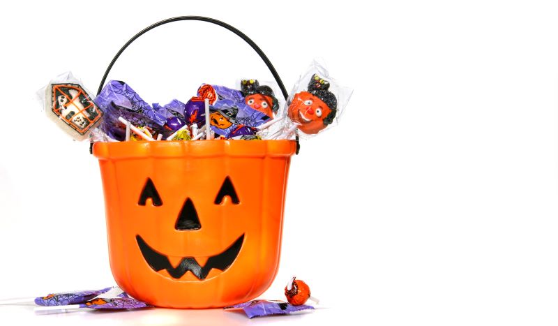 A bucket of Halloween candy.